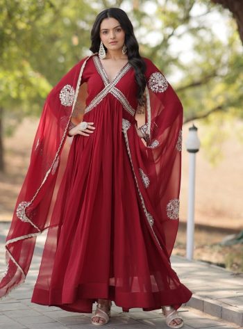 MOST PICKED BLOOMING GEORGETTE EMBROIDERY ZARI SEQUENCE WORK ALIA CUT GOWN WITH DUPATTA MAROON