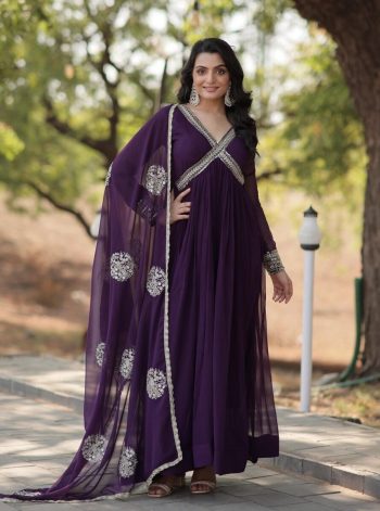 MOST PICKED BLOOMING GEORGETTE EMBROIDERY ZARI SEQUENCE WORK ALIA CUT GOWN WITH DUPATTA  PURPLE