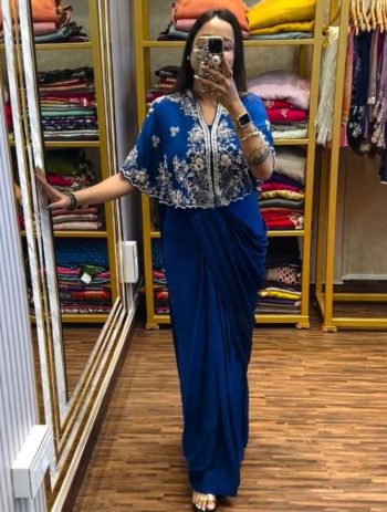 MOST PICKED CHINON EMBROIDERY WORK GOWN SAREE WITH SHRUG BLUE