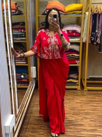 MOST PICKED CHINON EMBROIDERY WORK GOWN SAREE WITH SHRUG RED