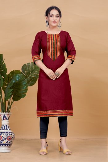 MOST PICKED COTTON NECK DESIGN WITH LACE WORK ONLY KURTI MAROON