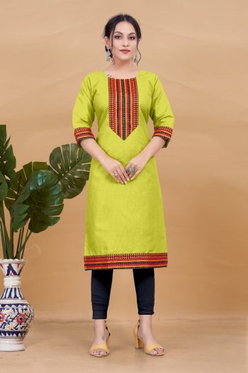 MOST PICKED COTTON NECK DESIGN WITH LACE WORK ONLY KURTI LEMON