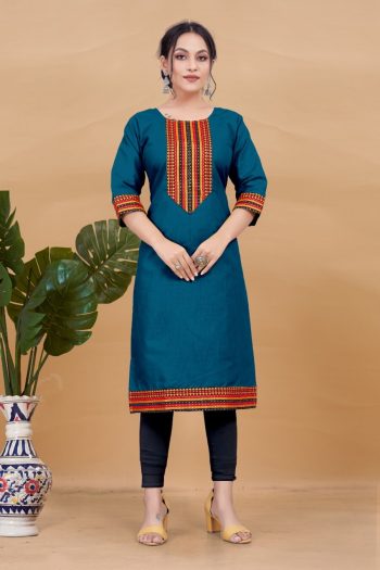 MOST PICKED COTTON NECK DESIGN WITH LACE WORK ONLY KURTI TEAL