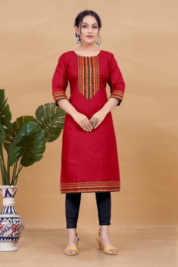 MOST PICKED COTTON NECK DESIGN WITH LACE WORK ONLY KURTI RED