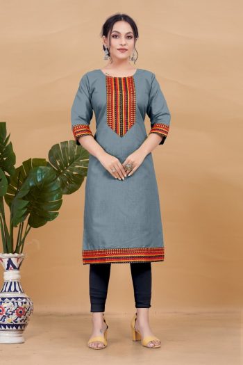 MOST PICKED COTTON NECK DESIGN WITH LACE WORK ONLY KURTI GREY