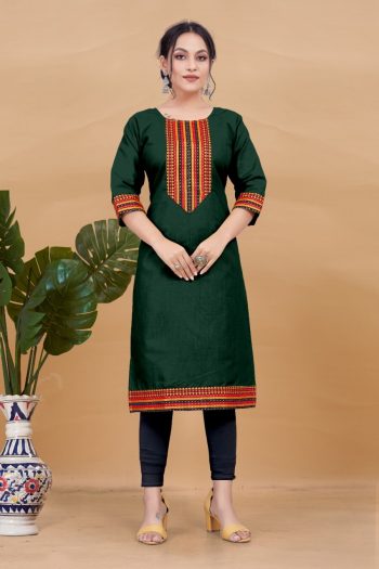 MOST PICKED COTTON NECK DESIGN WITH LACE WORK ONLY KURTI GREEN