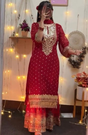 MOST PICKED GEORGETTE EMBROIDERY SEQUENCE WORK TOP PALAZZO WITH DUPATTA RED