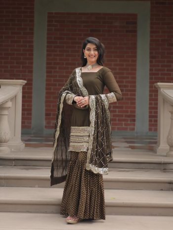 MOST PICKED GEORGETTE SEQUENCE THREAD EMBROIDERY WORK TOP SHARARA WITH DUPATTA MEHNDI