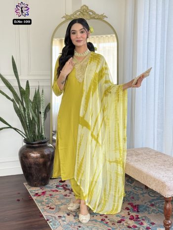 MOST PICKED MAGIC SLUB EMBROIDERY WORK TOP BOTTOM WITH DUPATTA MEHNDI