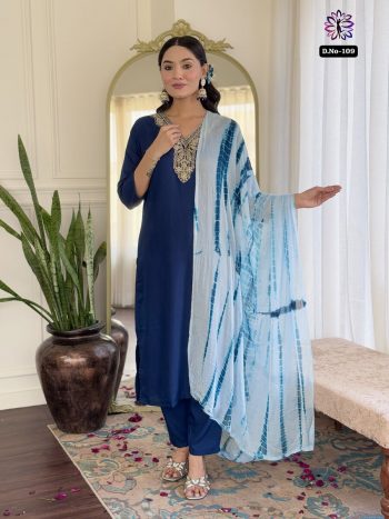 MOST PICKED MAGIC SLUB EMBROIDERY WORK TOP BOTTOM WITH DUPATTA NAVY BLUE