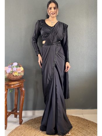 MOST PICKED NATURAL SILK HAND WORK READY TO WEAR SAREE STITCHED BLOUSE WITH WAIST BELT BLACK