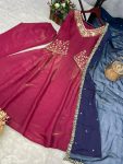 MOST PICKED ROMAN SHIMMER SILK EMBROIDERY SEQUENCE WORK GOWN BOTTOM WITH DUPATTA PARTY WEAR WHOLESALE PRICE ETHNIC GARMENT (3)