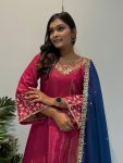 MOST PICKED ROMAN SHIMMER SILK EMBROIDERY SEQUENCE WORK GOWN BOTTOM WITH DUPATTA PARTY WEAR WHOLESALE PRICE ETHNIC GARMENT (3)