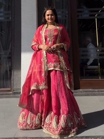 MOST PICKED TWILL NET EMBROIDERY SEQUENCE WORK TOP PALAZZO WITH DUPATTA PINK