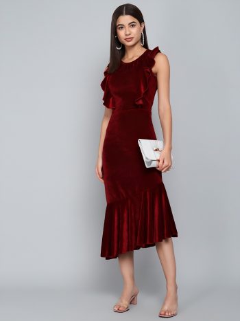 MOST PICKED VELVET PLAIN RUFFLE WORK DROP WAIST DRESS MAROON