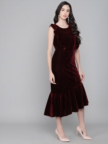 MOST PICKED VELVET PLAIN RUFFLE WORK DROP WAIST DRESS COFFEE