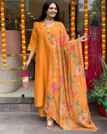 MOST PICKED VISCOSE BLEND EMBROIDERY WORK TOP BOTTOM WITH PRINTED DUPATTA  YELLOW