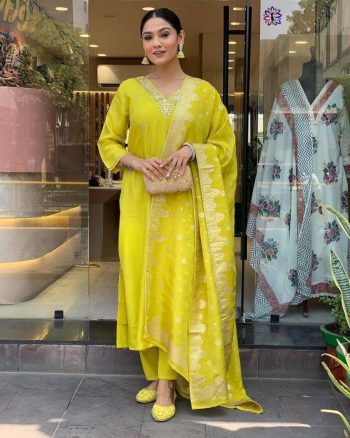NEW ARRIVAL CHANDERI SILK EMBROIDERY WORK TOP BOTTOM WITH DUPATTA LEMON