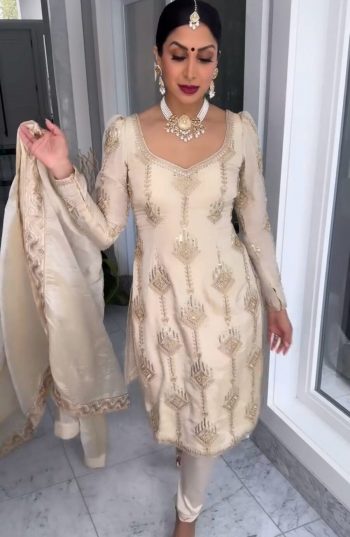NEW ARRIVAL CHINON EMBROIDERY SEQUENCE WORK TOP BOTTOM WITH DUPATTA OFF WHITE