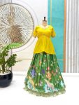 NEW ARRIVAL CHINON SILK EMBROIDERY AND FRILL WORK BORDER TOP  WITH LEHENGA YELLOW