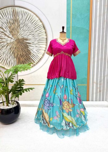 NEW ARRIVAL CHINON SILK EMBROIDERY AND FRILL WORK BORDER TOP  WITH LEHENGA RANI
