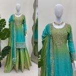 NEW ARRIVAL CHINON SILK EMBROIDERY CODING DORI SEQUENCE WORK TOP SHARARA WITH DUPATTA PARTY WEAR WHOLESALE PRICE ETHNIC GARMENT (12)