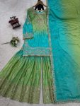 NEW ARRIVAL CHINON SILK EMBROIDERY CODING DORI SEQUENCE WORK TOP SHARARA WITH DUPATTA PARTY WEAR WHOLESALE PRICE ETHNIC GARMENT (12)
