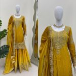 NEW ARRIVAL CHINON SILK EMBROIDERY CODING DORI SEQUENCE WORK TOP SHARARA WITH DUPATTA PARTY WEAR WHOLESALE PRICE ETHNIC GARMENT (19)