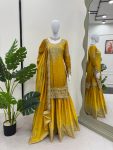 NEW ARRIVAL CHINON SILK EMBROIDERY CODING DORI SEQUENCE WORK TOP SHARARA WITH DUPATTA MUSTARD