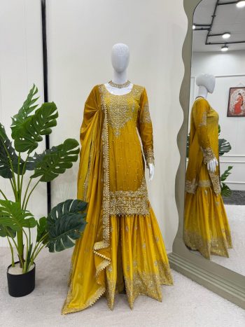 NEW ARRIVAL CHINON SILK EMBROIDERY CODING DORI SEQUENCE WORK TOP SHARARA WITH DUPATTA MUSTARD