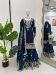 NEW ARRIVAL CHINON SILK EMBROIDERY CODING DORI SEQUENCE WORK TOP SHARARA WITH DUPATTA NAVY BLUE