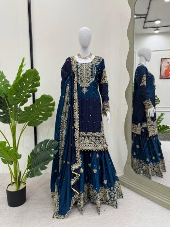 NEW ARRIVAL CHINON SILK EMBROIDERY CODING DORI SEQUENCE WORK TOP SHARARA WITH DUPATTA NAVY BLUE