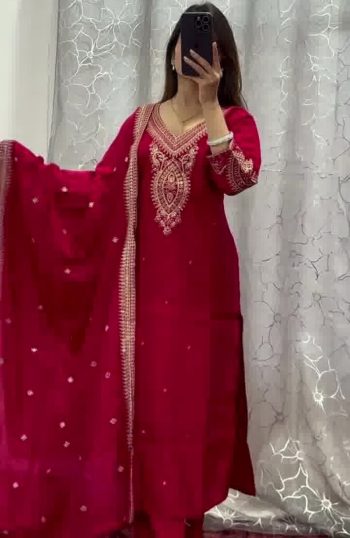 NEW ARRIVAL CHINON SILK EMBROIDERY CODING DORI WORK  TOP BOTTOM WITH DUPATTA MAROON