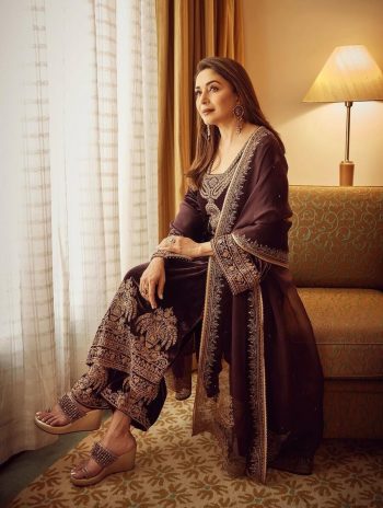 NEW ARRIVAL CHINON SILK EMBROIDERY SEQUENCE WORK  TOP BOTTOM WITH DUPATTA BROWN
