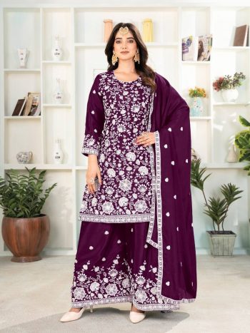 NEW ARRIVAL CHINON SILK EMBROIDERY SEQUENCE WORK TOP PALAZZO WITH DUPATTA WINE