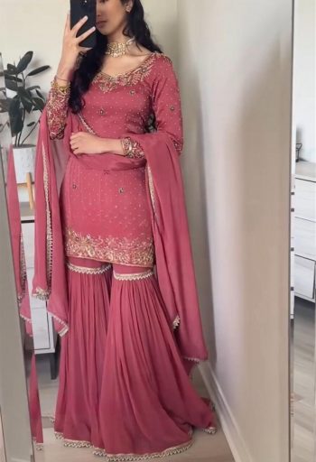 NEW ARRIVAL CHINON SILK EMBROIDERY  WITH MOTI HANDWORK FANCY BORDER LACE WORK TOP SHARARA WITH DUPATTA  GAJARI
