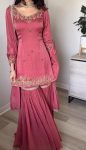 NEW ARRIVAL CHINON SILK EMBROIDERY WITH MOTI HANDWORK FANCY BORDER LACE WORK TOP SHARARA WITH DUPATTA FESTIVE WEAR WHOLESALE PRICE ETHNIC GARMENT (3)