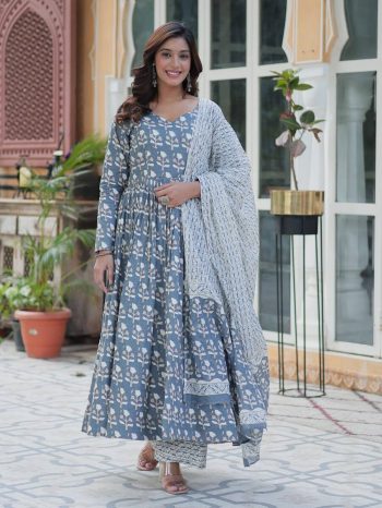 NEW ARRIVAL COTTON DIGITAL PRINTED GOWN BOTTOM WITH DUPATTA  GREY