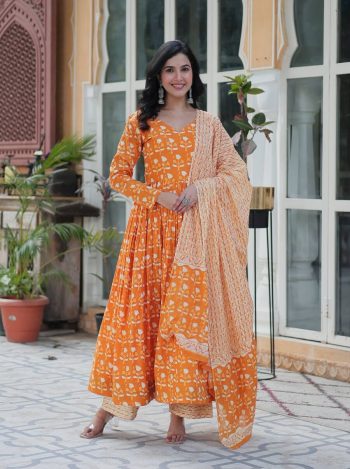 NEW ARRIVAL COTTON DIGITAL PRINTED GOWN BOTTOM WITH DUPATTA ORANGE