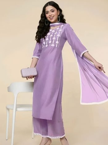 NEW ARRIVAL COTTON EMBROIDERY SEQUENCE WORK TOP BOTTOM WITH DUPATTA  LAVENDER