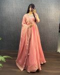 NEW ARRIVAL FENDI SILK EMBROIDERY SEQUENCE WORK  GOWN WITH DUPATTA PEACH