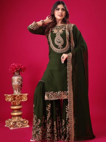 NEW ARRIVAL GEORGETTE EMBROIDERY SEQUENCE THREAD WORK TOP SHARARA WITH DUPATTA  GREEN