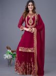 NEW ARRIVAL GEORGETTE EMBROIDERY SEQUENCE THREAD WORK TOP SHARARA WITH DUPATTA  MAROON
