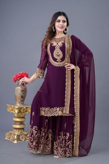 NEW ARRIVAL GEORGETTE EMBROIDERY SEQUENCE THREAD WORK TOP SHARARA WITH DUPATTA WINE