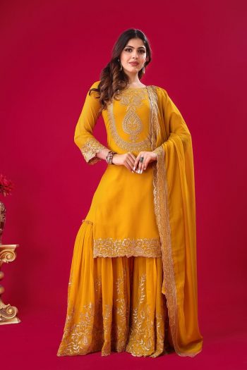 NEW ARRIVAL GEORGETTE EMBROIDERY SEQUENCE THREAD WORK TOP SHARARA WITH DUPATTA YELLOW