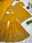 NEW ARRIVAL GEORGETTE EMBROIDERY SEQUENCE THREAD WORK TOP SHARARA WITH DUPATTA PARTY WEAR WHOLESALE PRICE ETHNIC GARMENT (42)