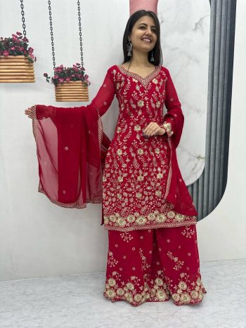 NEW ARRIVAL GEORGETTE EMBROIDERY SEQUENCE WORK TOP PALAZZO WITH DUPATTA RED