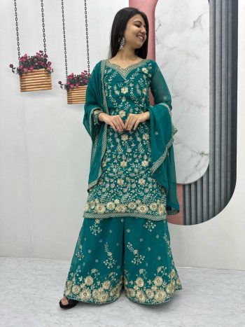 NEW ARRIVAL GEORGETTE EMBROIDERY SEQUENCE WORK TOP PALAZZO WITH DUPATTA RAMA