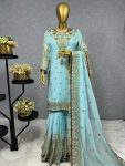 NEW ARRIVAL GEORGETTE EMBROIDERY SEQUENCE WORK TOP SHARARA WITH DUPATTA  SKY