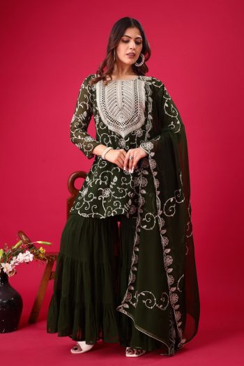 NEW ARRIVAL GEORGETTE EMBROIDERY WORK TOP SHARARA WITH DUPATTA GREEN